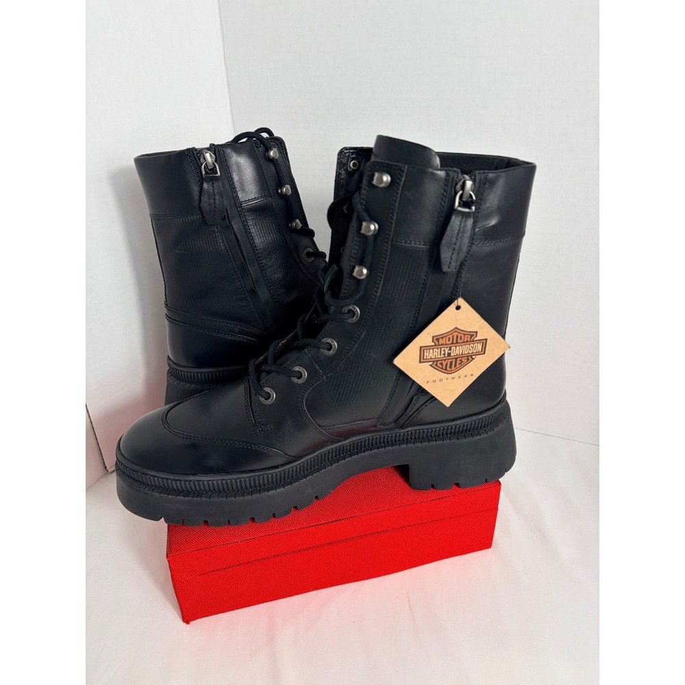 Harley Davidson Mens Boots Black 10M D65001 Leather Combat Lug Sole Biker New - Picture 3 of 15